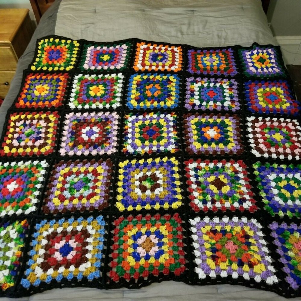 Granny Squares Afghan Black‎ Throw Blanket Vibrant